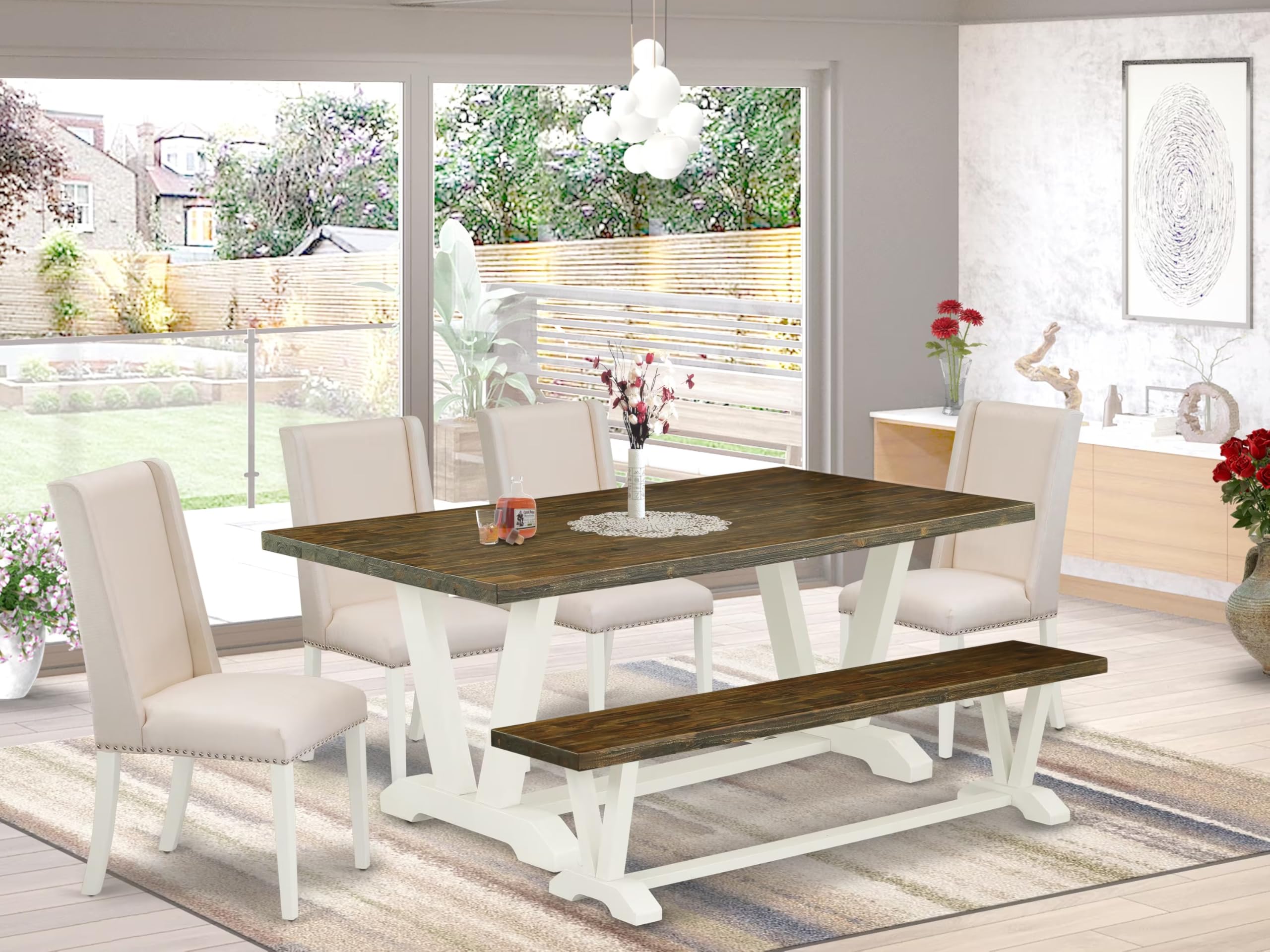 East West Furniture V077Fl201-6 6 Piece Kitchen Table Set Contains A Rectangle Dining Table With V-Legs And 4 Cream Linen Fabric Upholstered Chairs With A Bench, 40X72 Inch, Multi-Color